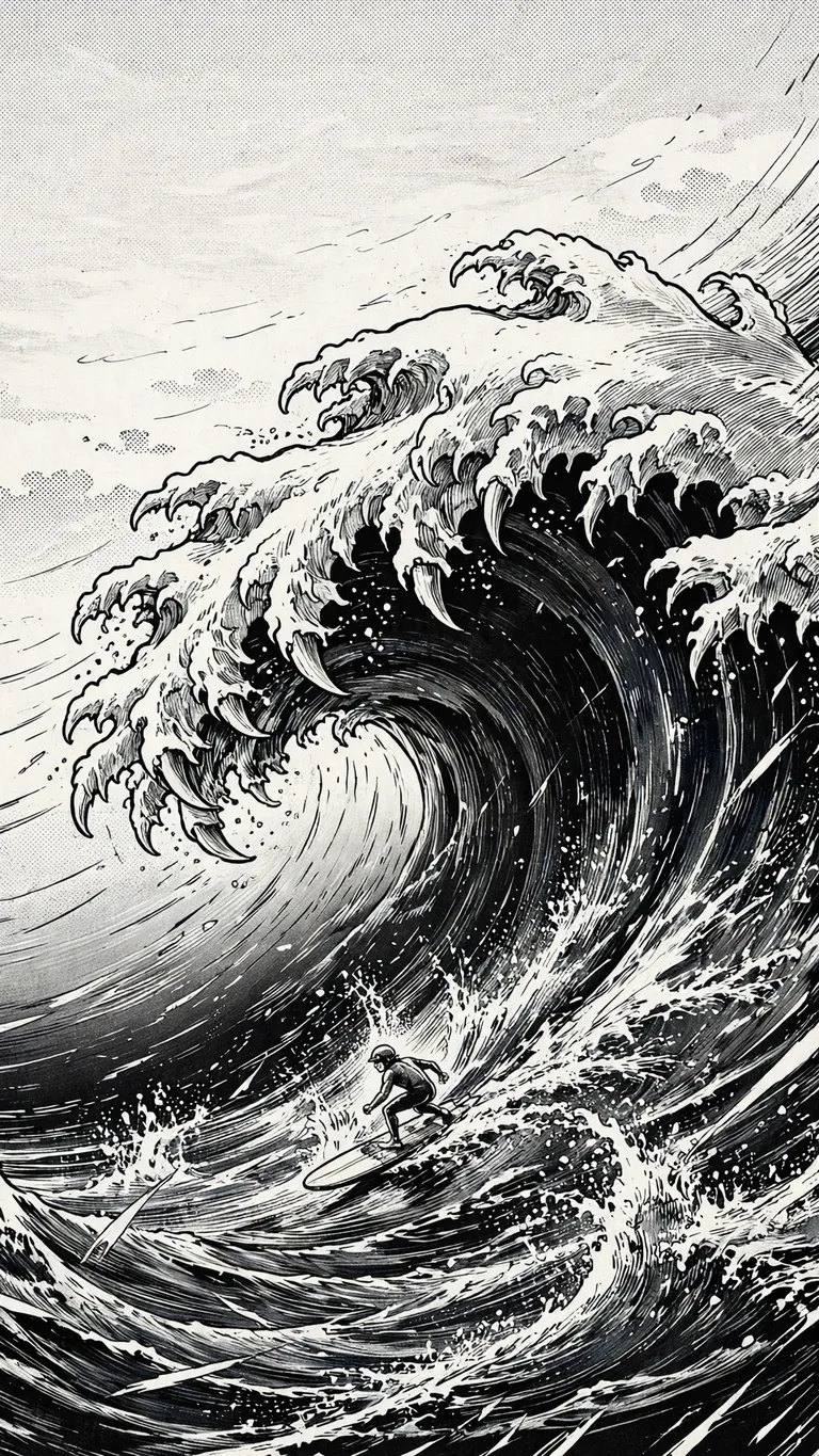 Ukiyo-e style monochrome great wave towering over a lone surfer.