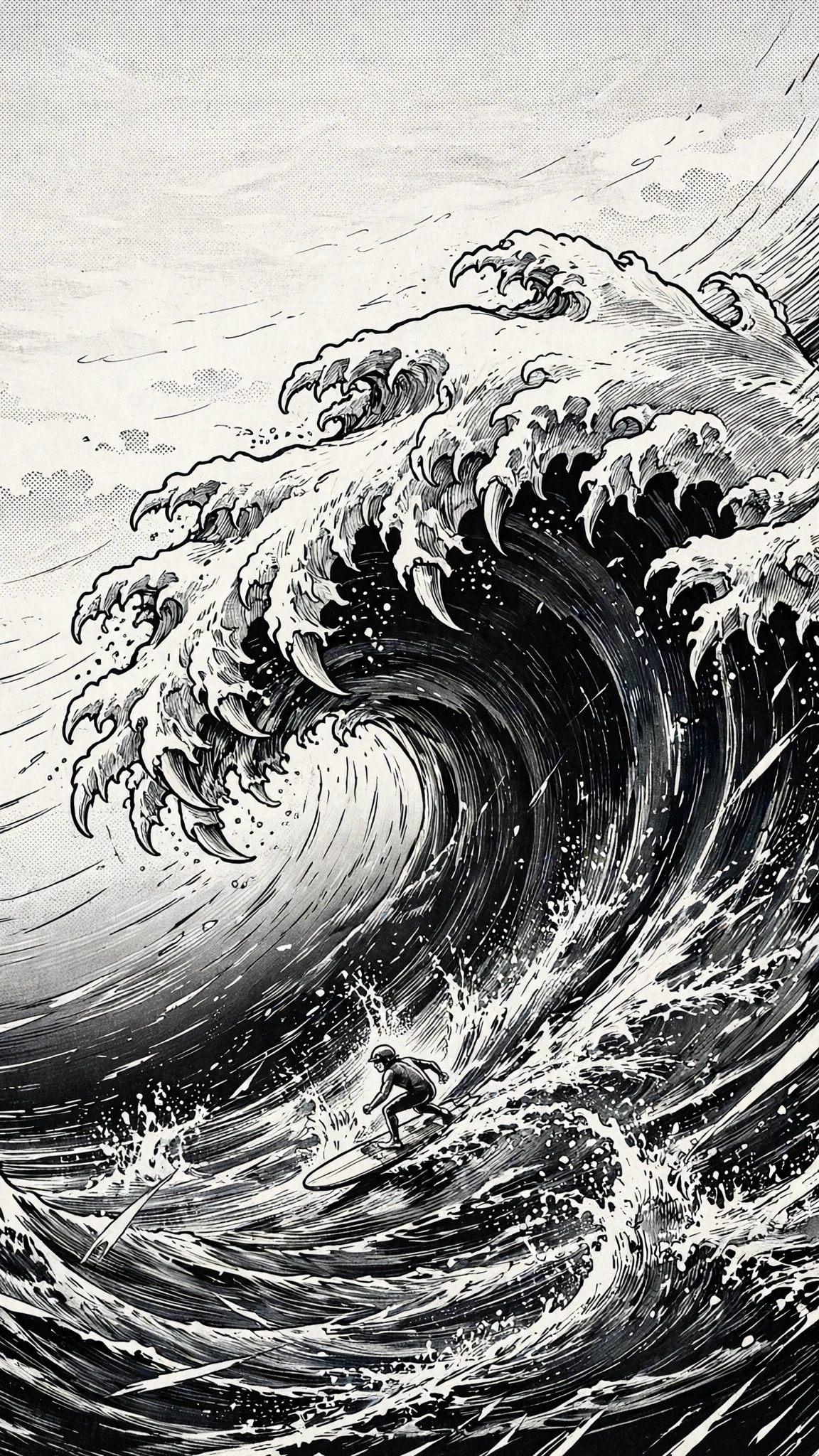 Ukiyo-e style monochrome great wave towering over a lone surfer.