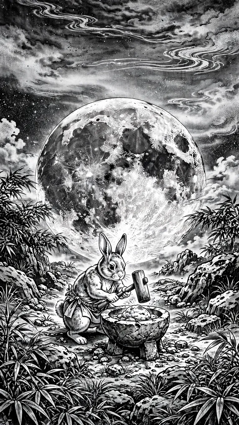 Folklore ink manga of the moon rabbit pounding mochi under a full moon.
