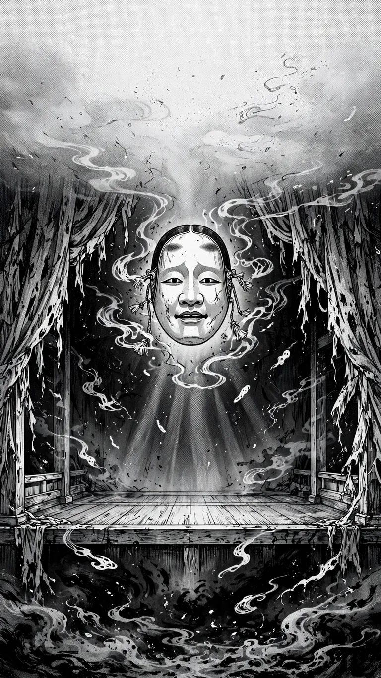 Eerie ink manga scene of a ghostly Noh mask floating above an empty stage.