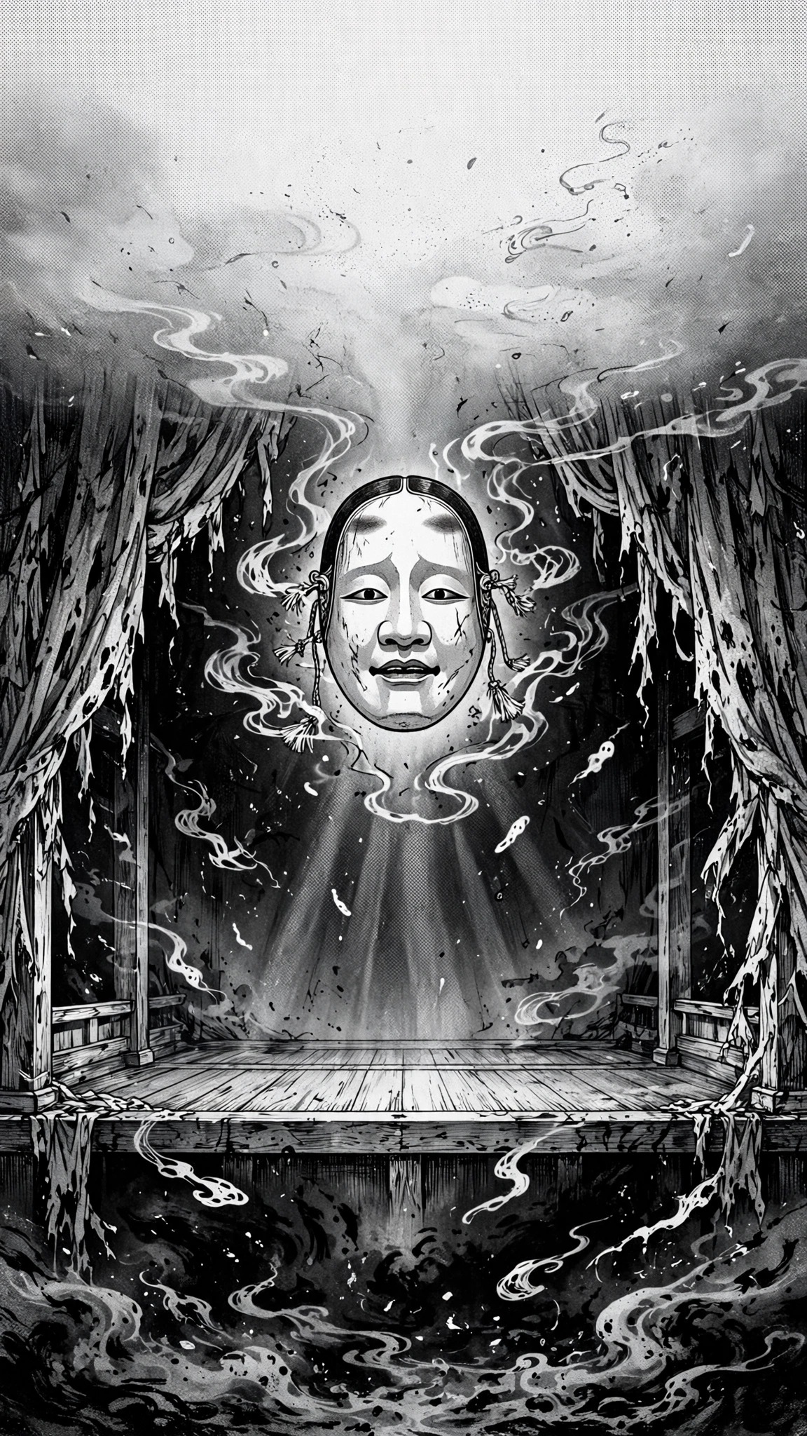 Eerie ink manga scene of a ghostly Noh mask floating above an empty stage.