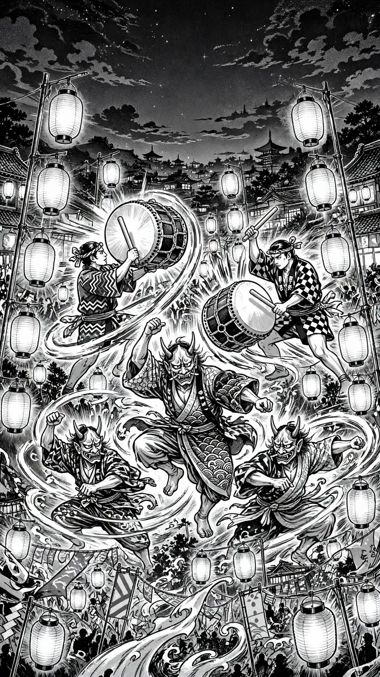 Ink manga night parade with oni mask dancers and taiko drummers.