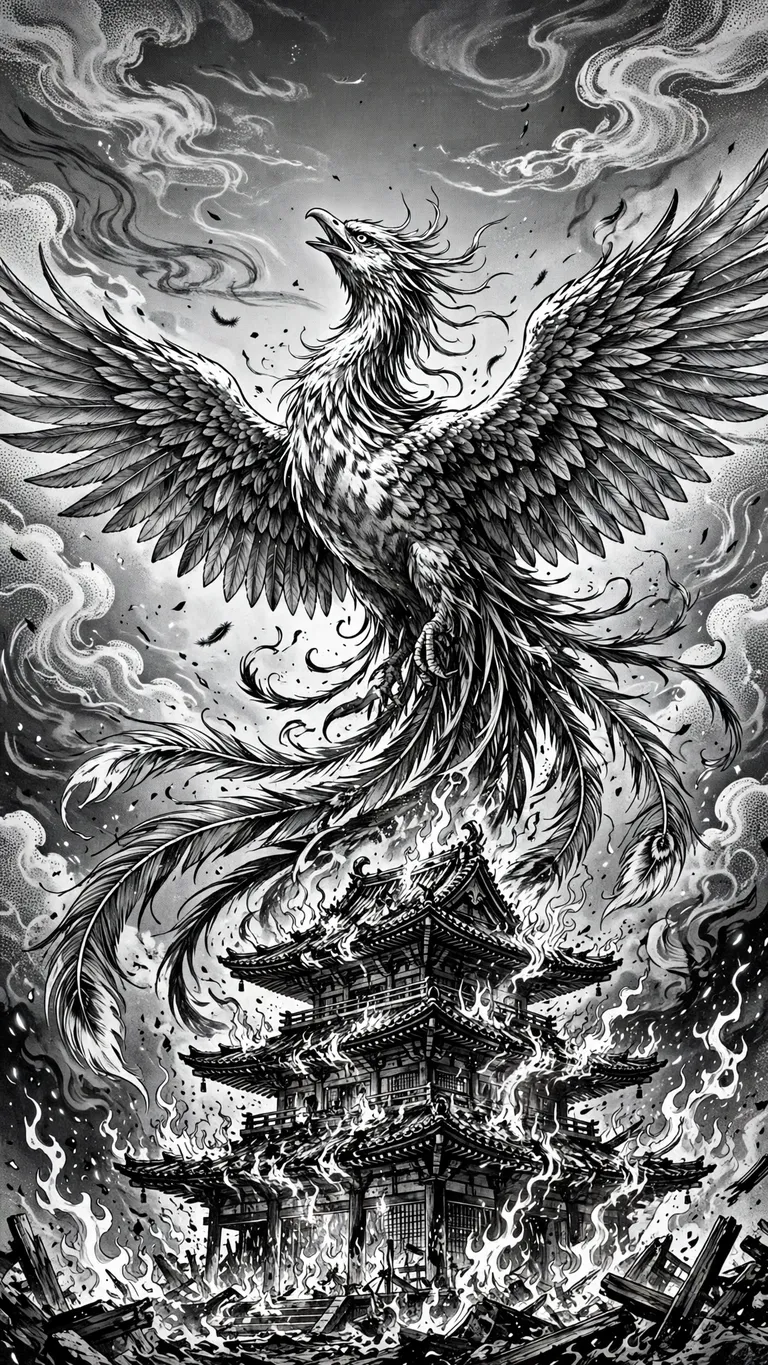 Black-and-white manga phoenix rising in flames above a burning temple.