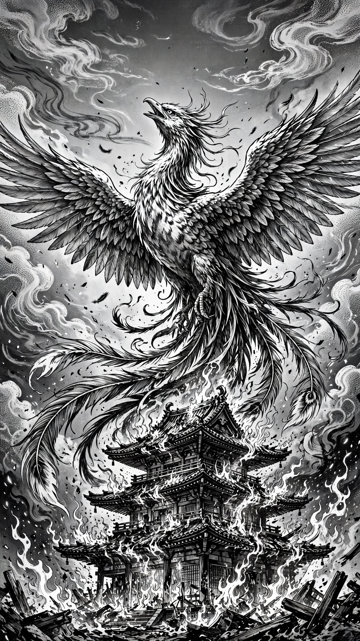 Black-and-white manga phoenix rising in flames above a burning temple.