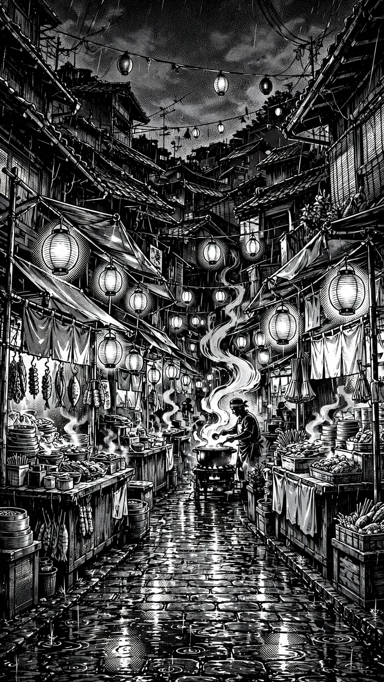 Monochrome manga night alley of ramen stalls with rising steam and lanterns.