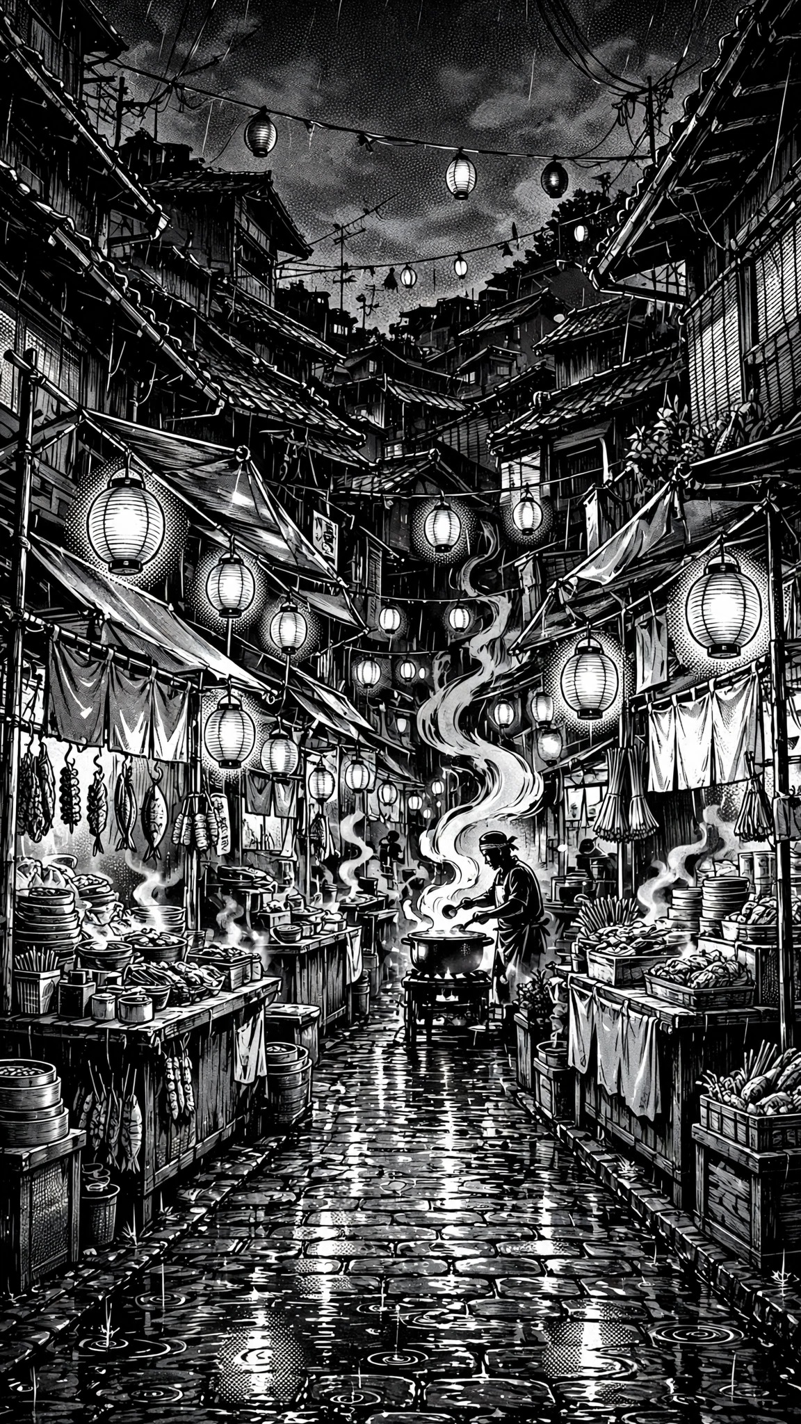 Monochrome manga night alley of ramen stalls with rising steam and lanterns.