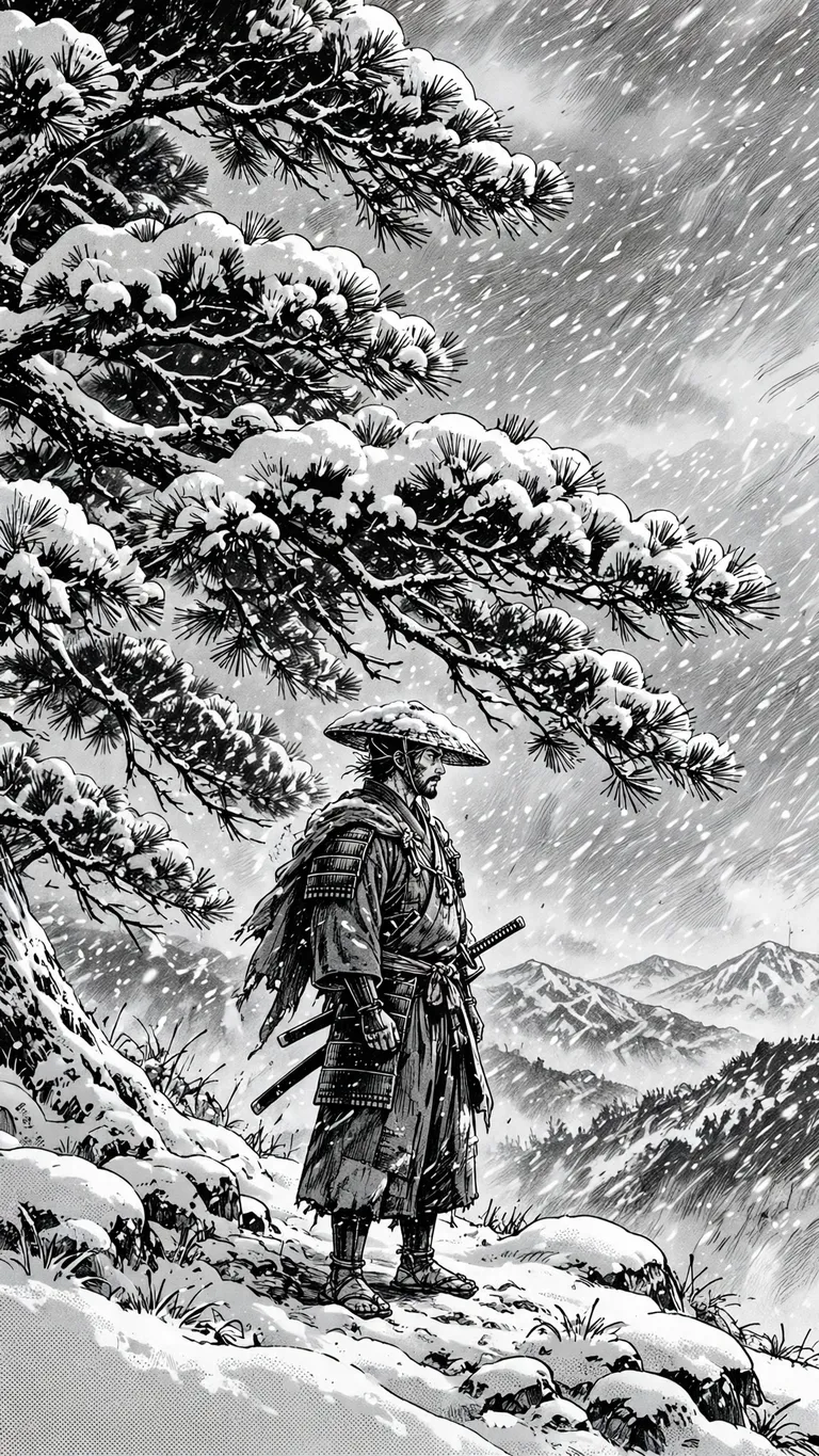 Ink manga ronin with a katana standing beneath a snow-laden pine.