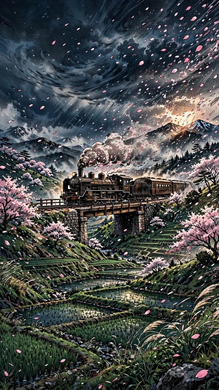 Ink Blossom Train Countryside, vertical manga phone wallpaper