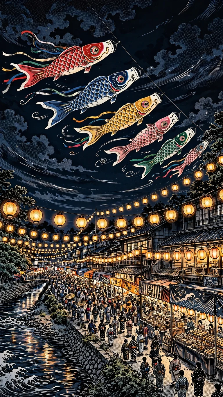 Ink Koinobori Lantern Festival, vertical manga phone wallpaper