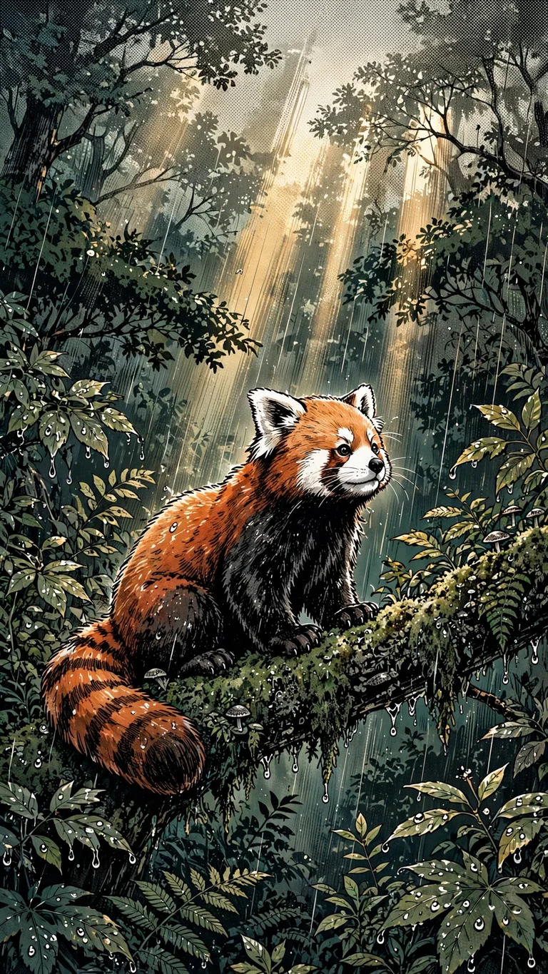 Ink Red Panda Mossy Branch, vertical manga phone wallpaper
