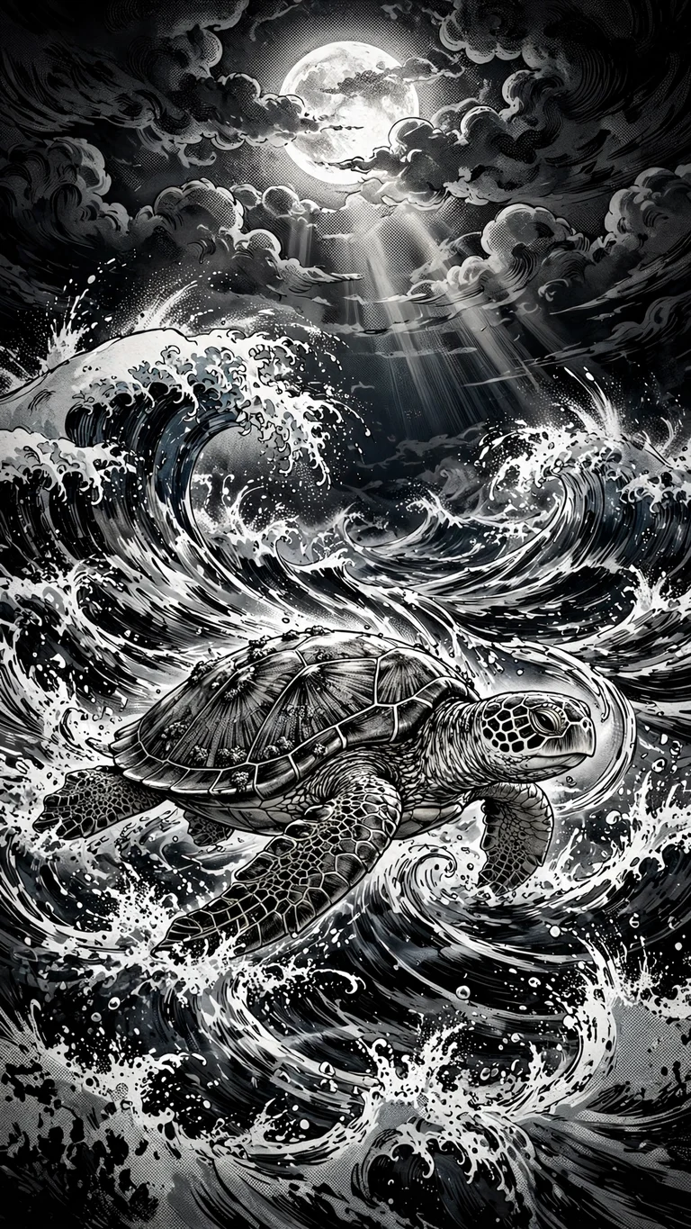 Ink Sea Turtle Moonlit Waves, vertical manga phone wallpaper