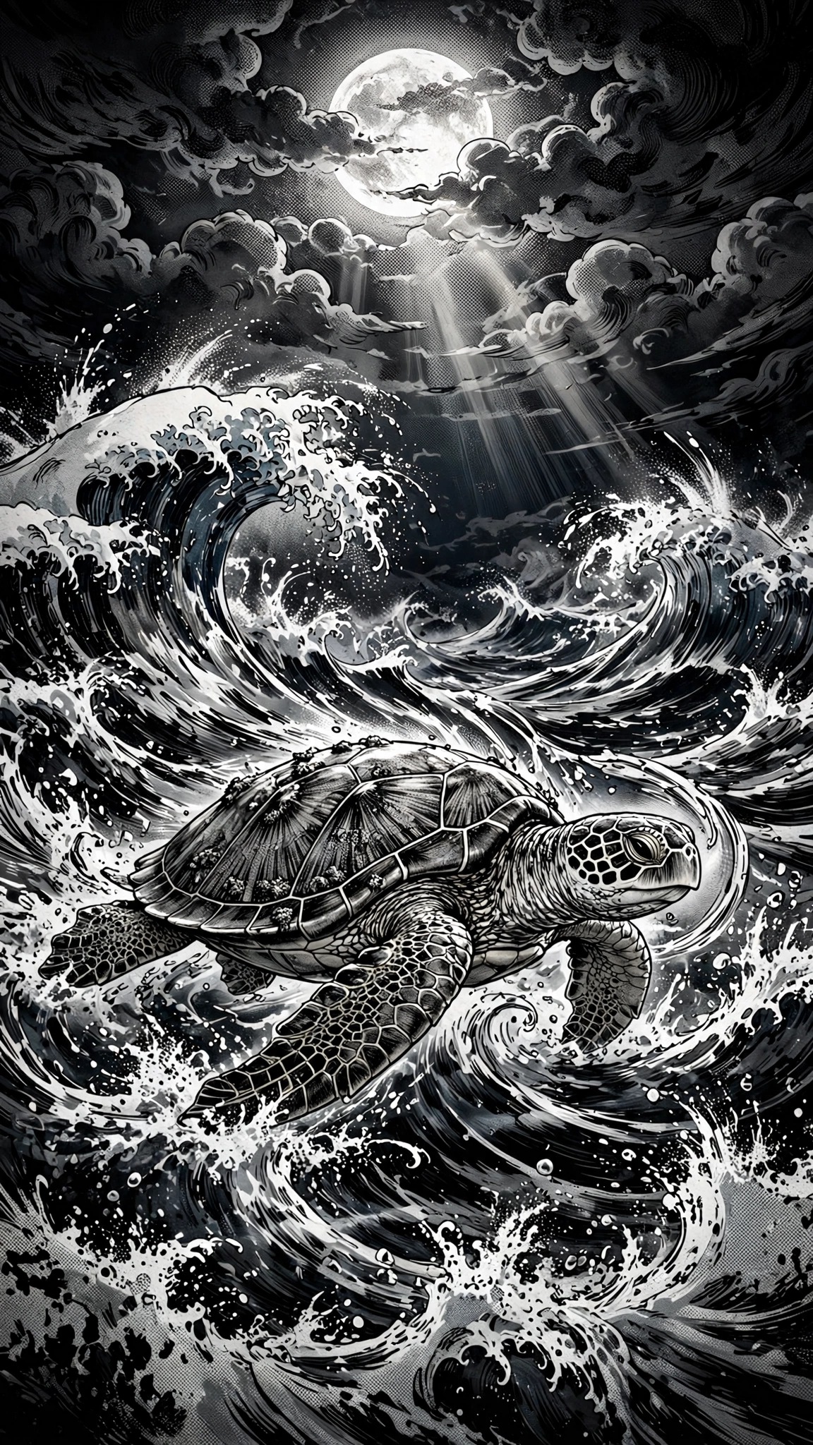 Ink Sea Turtle Moonlit Waves, vertical manga phone wallpaper