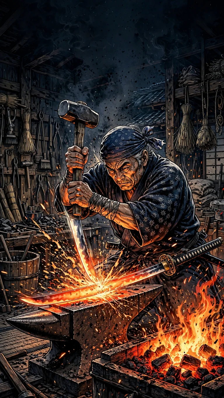 Ink Swordsmith Forge Sparks, vertical manga phone wallpaper