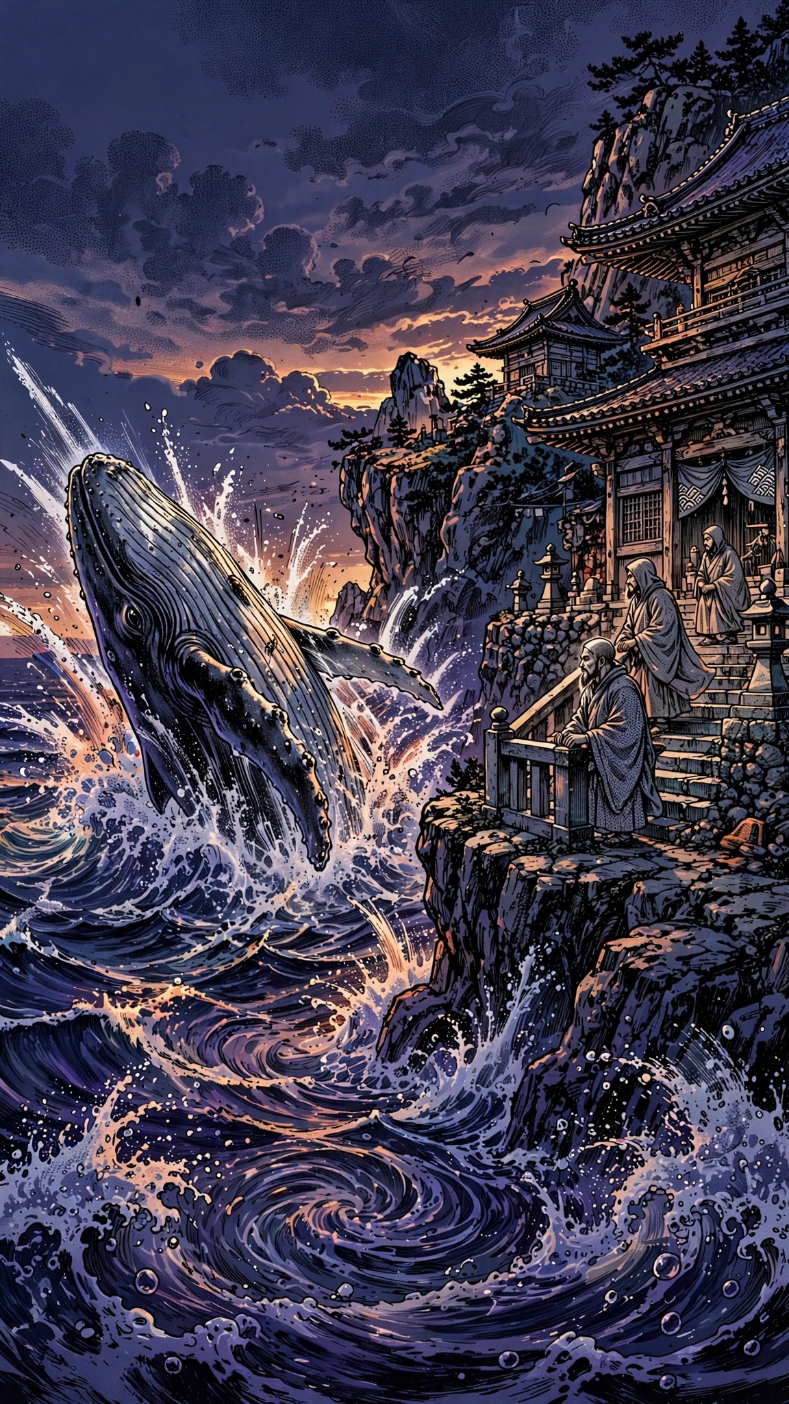Ink Whale Breaching Cliff Temple, vertical manga phone wallpaper