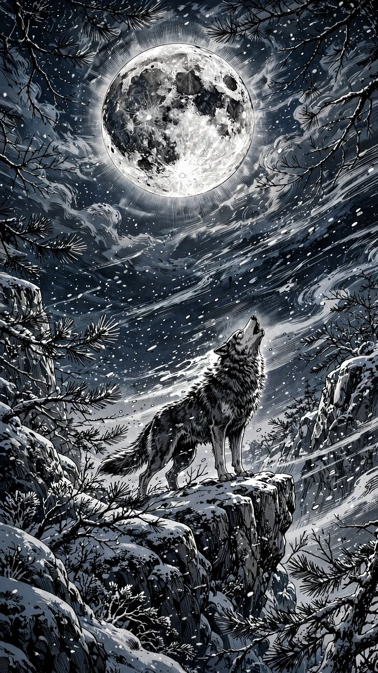 Ink Wolf Snowy Cliff Moon, vertical manga phone wallpaper