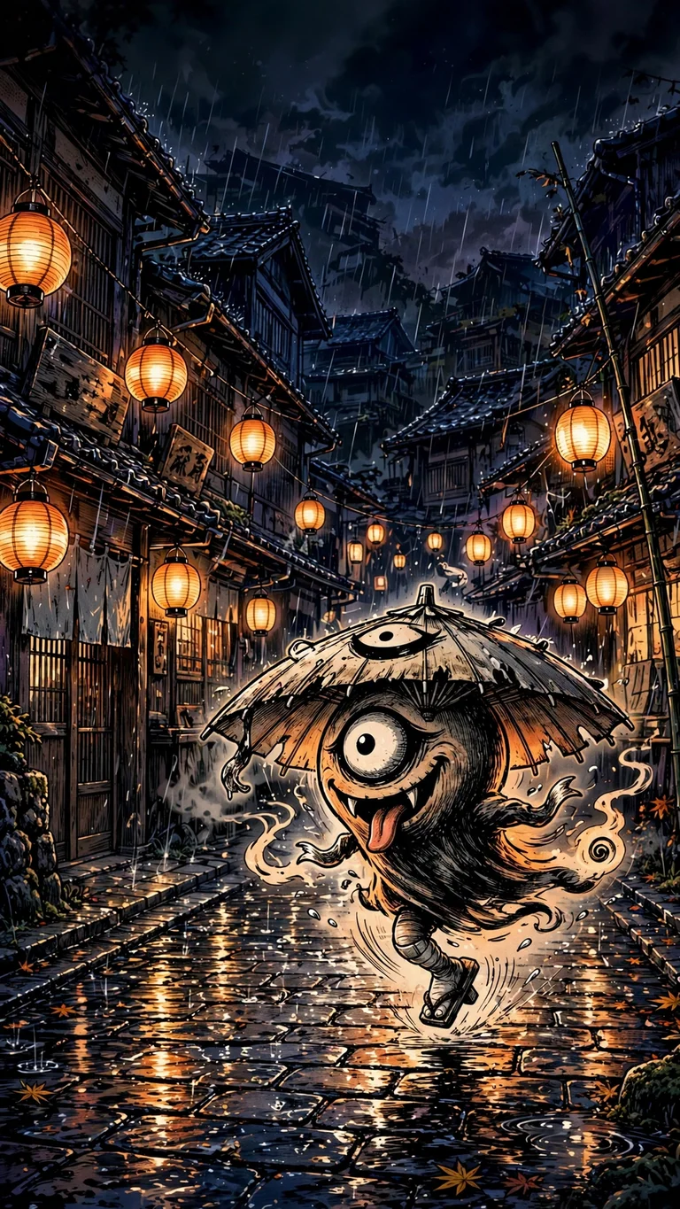 Ink Yokai Umbrella Ghost Rain, vertical manga phone wallpaper