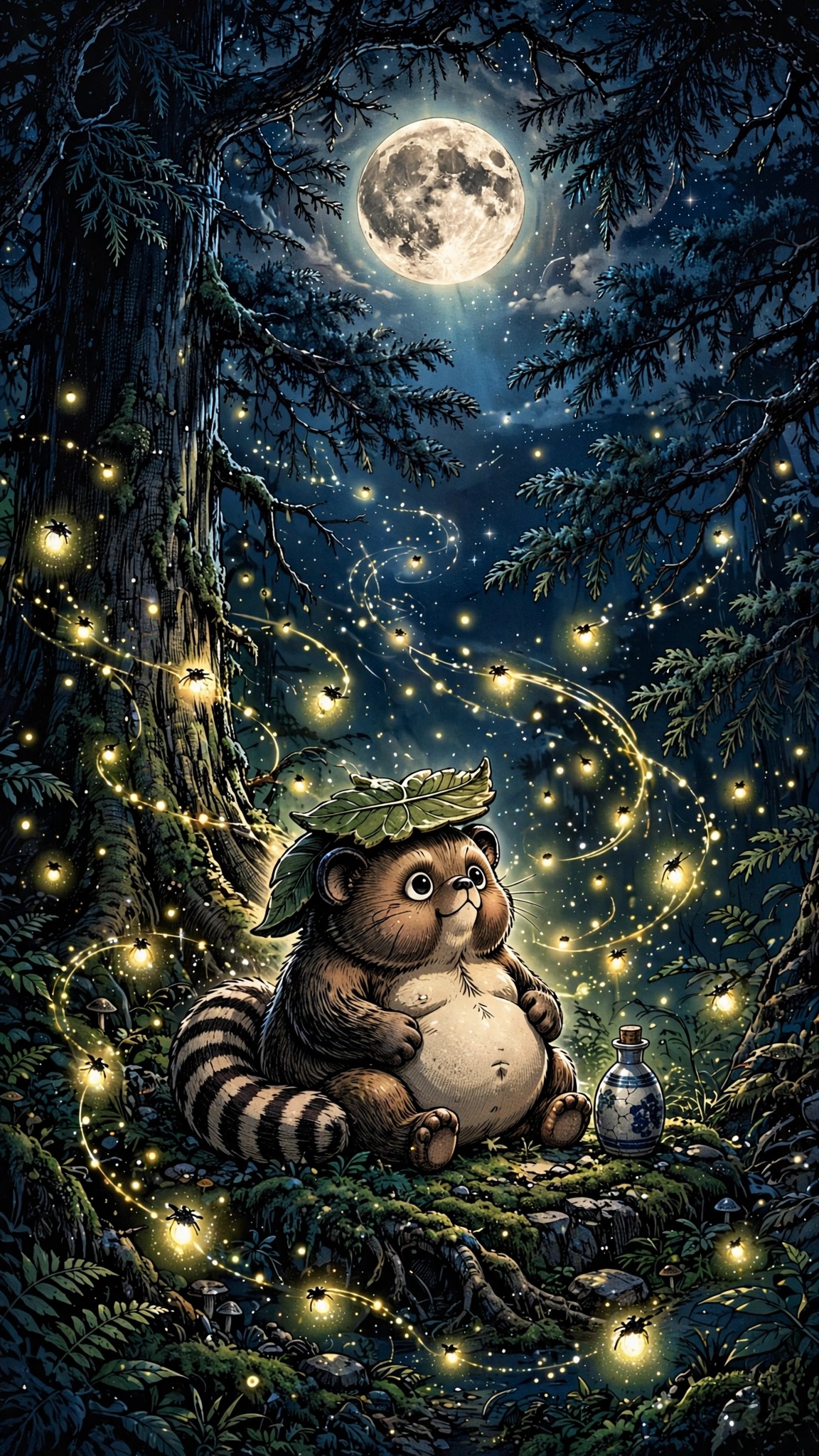 Tanuki Spirit Fireflies Ink, vertical manga phone wallpaper