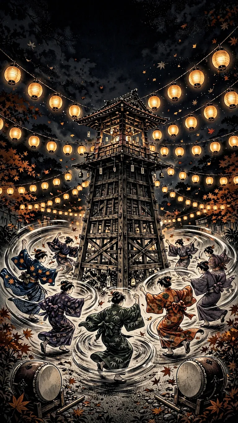 Bon odori festival dancers circling a yagura tower under paper lanterns at night, ink manga wallpaper