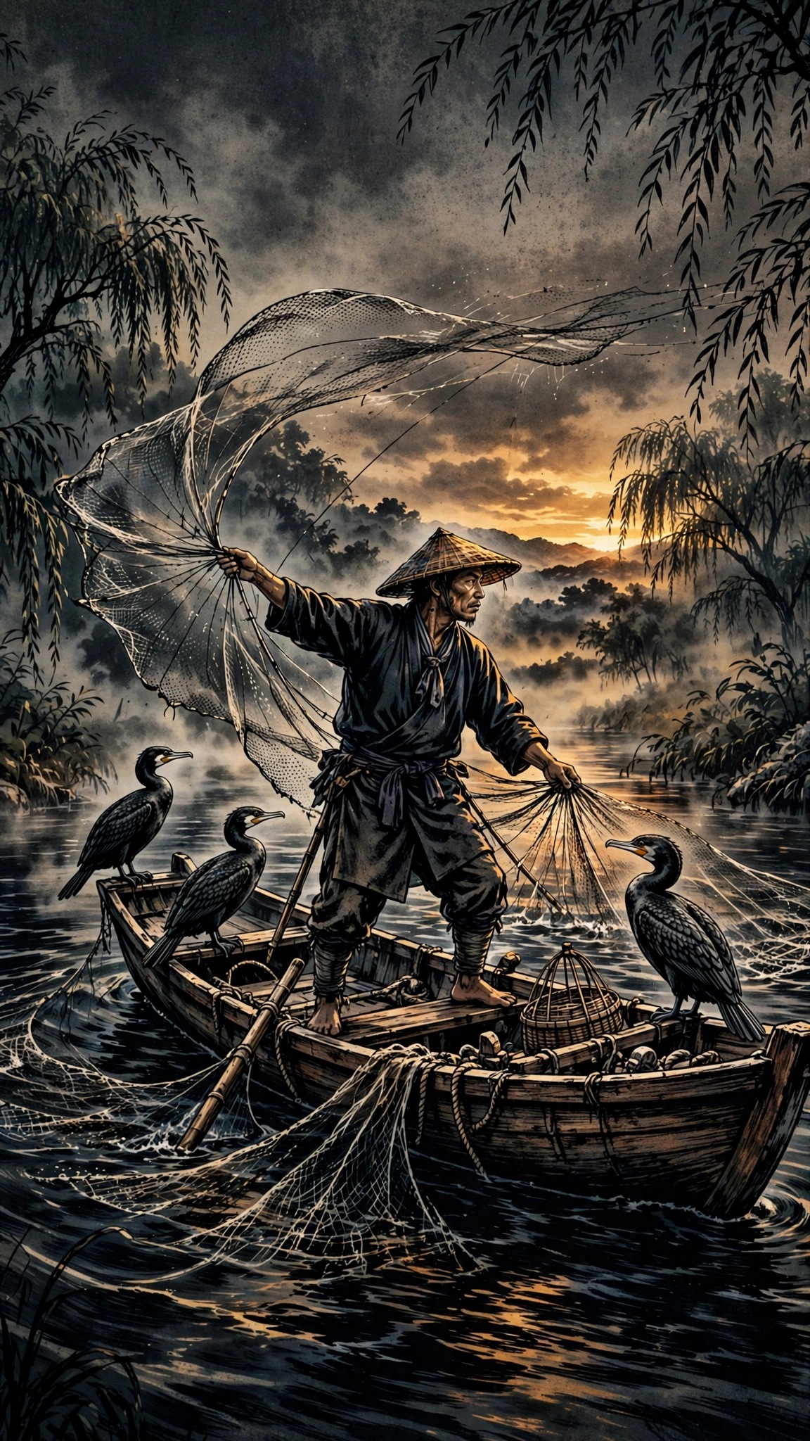 Cormorant fisherman casting a net from a wooden boat at river dusk, ink manga wallpaper