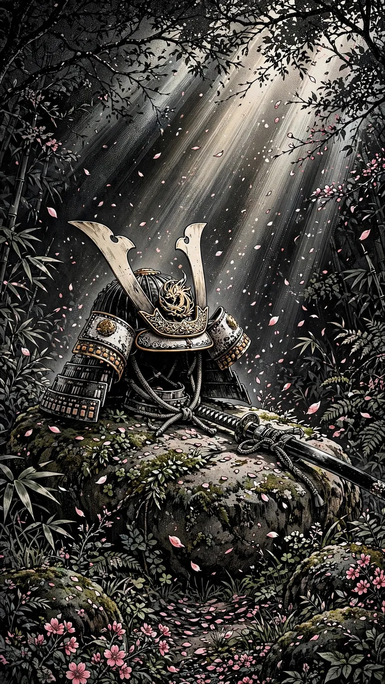 Samurai kabuto helmet resting on a mossy stone among cherry blossom petals, ink manga wallpaper