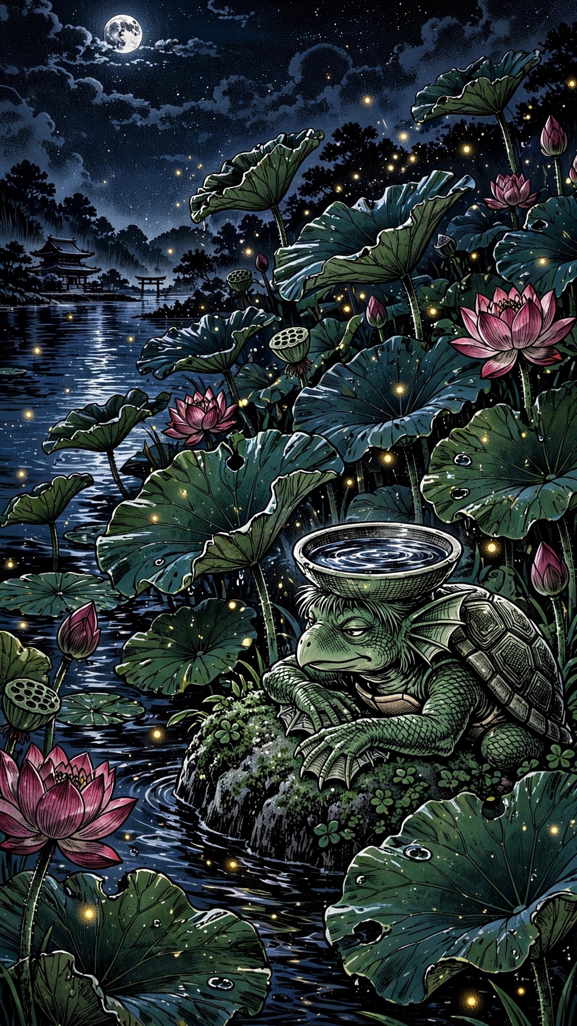 Kappa creature resting on a rock in a moonlit lotus pond with fireflies, ink manga wallpaper