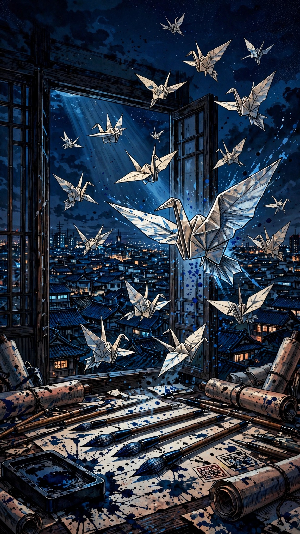 Paper origami cranes flying from a calligraphy desk toward a night city window, ink manga wallpaper