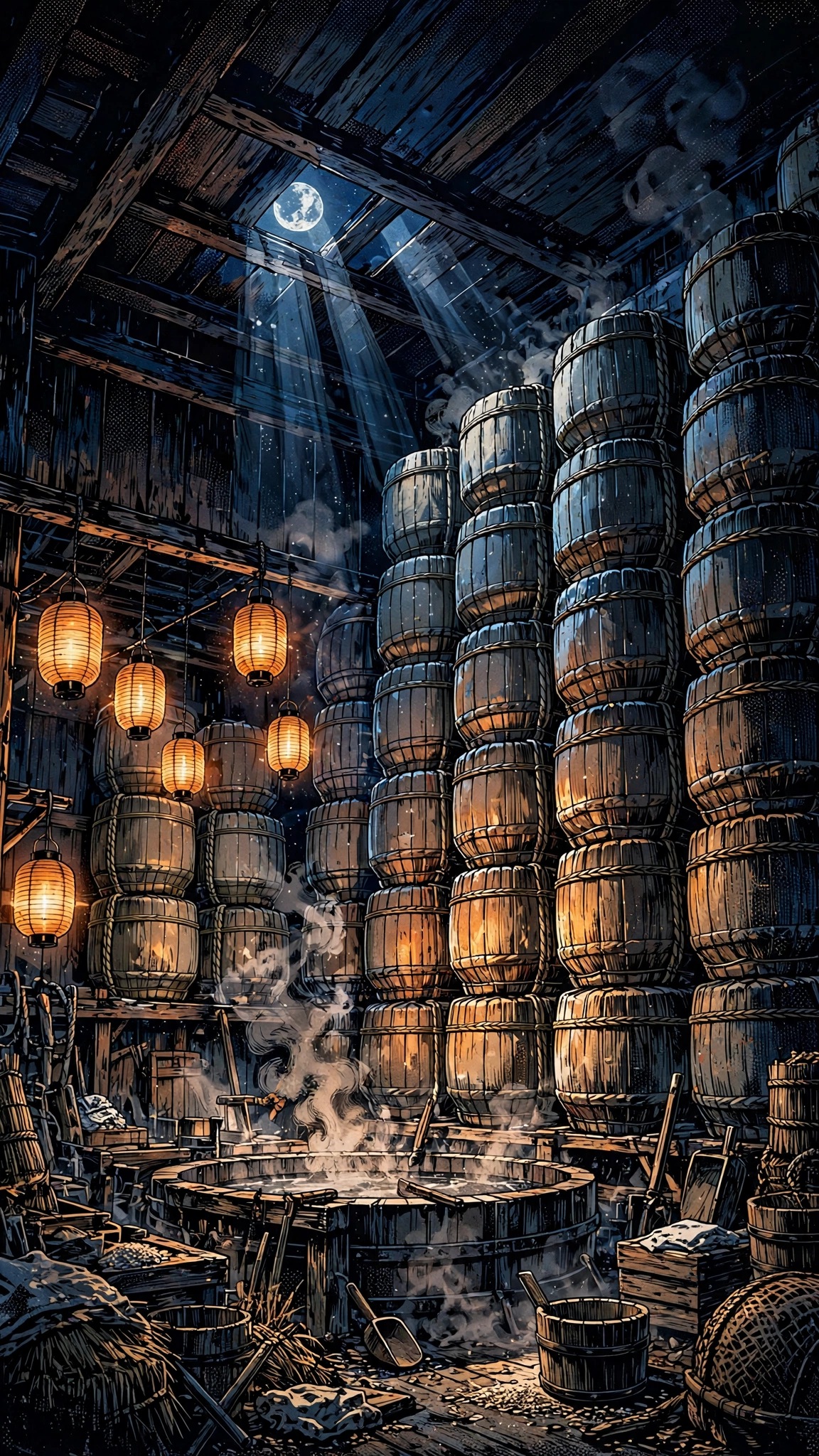 Sake barrels stacked in a moonlit wooden brewery with paper lanterns, ink manga wallpaper