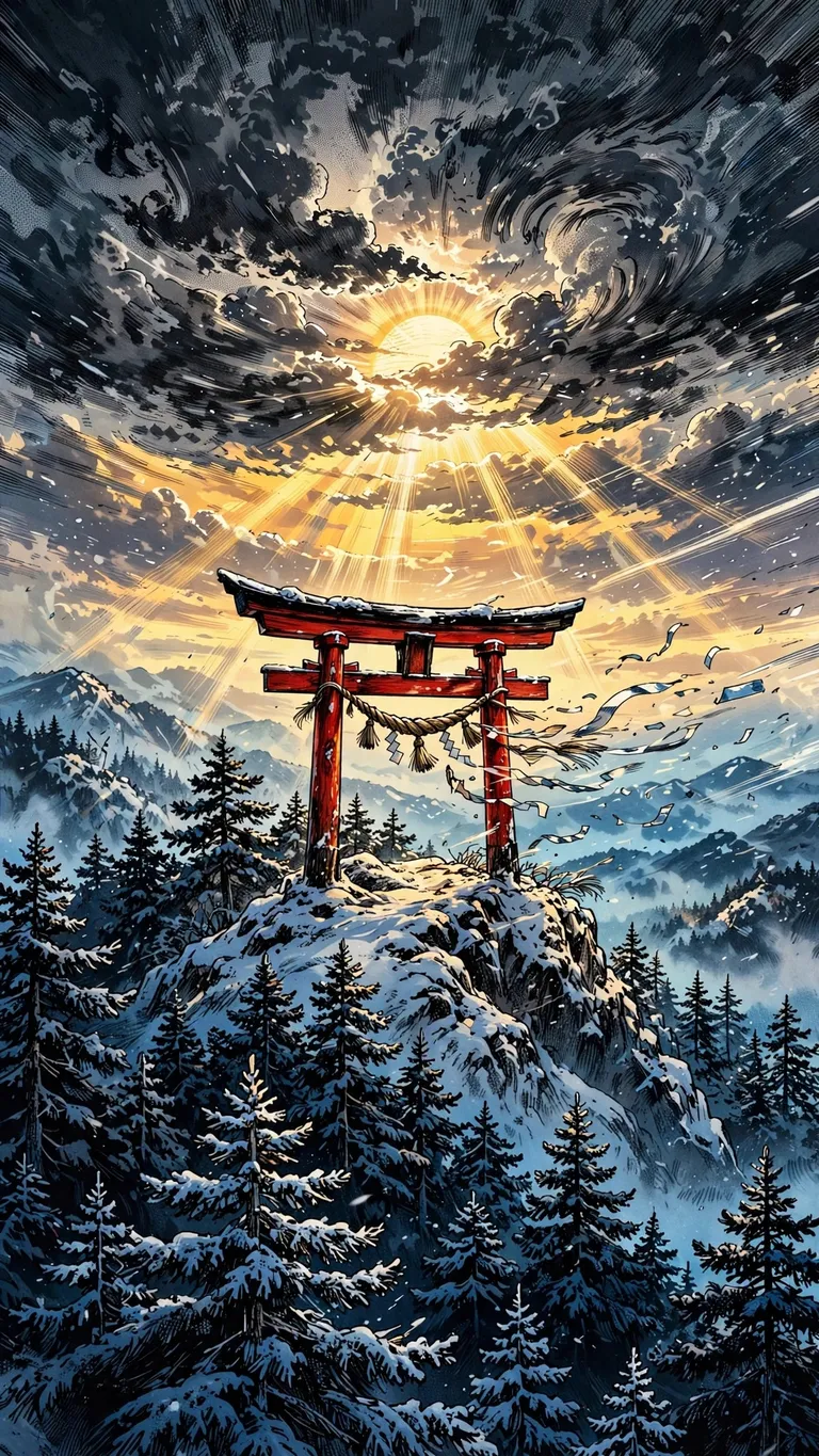 Vermilion torii gate on a snowy mountain ridge at dawn with breaking storm clouds, ink manga wallpaper