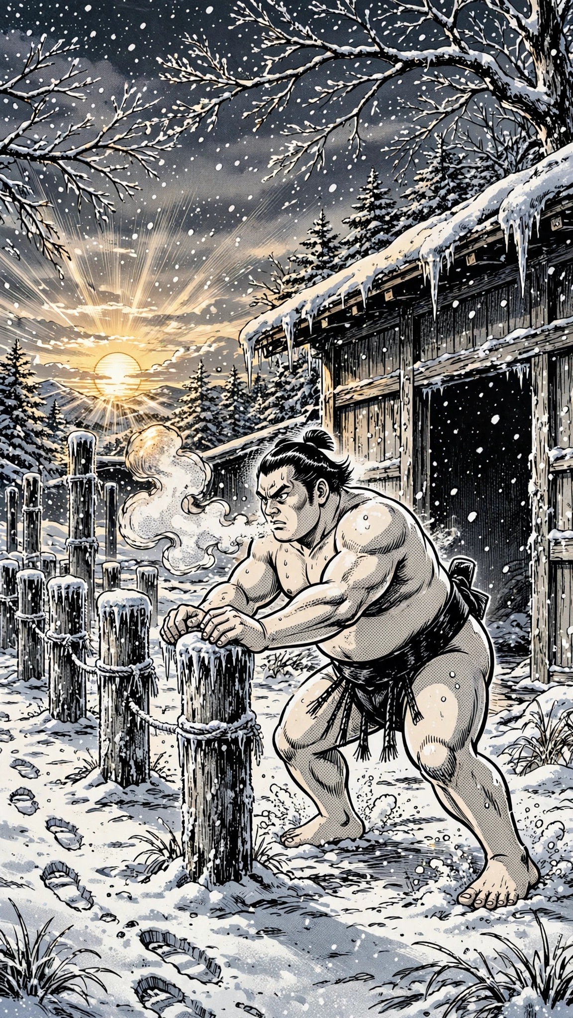 Sumo wrestler training in falling snow outside a wooden stable, ink manga wallpaper