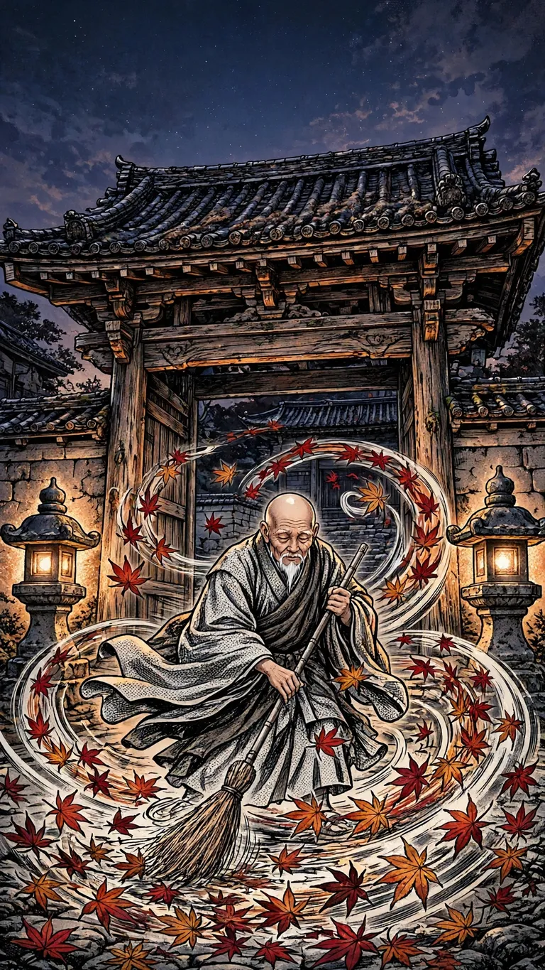 Elderly monk sweeping maple leaves before an ancient temple gate at dusk, ink manga wallpaper
