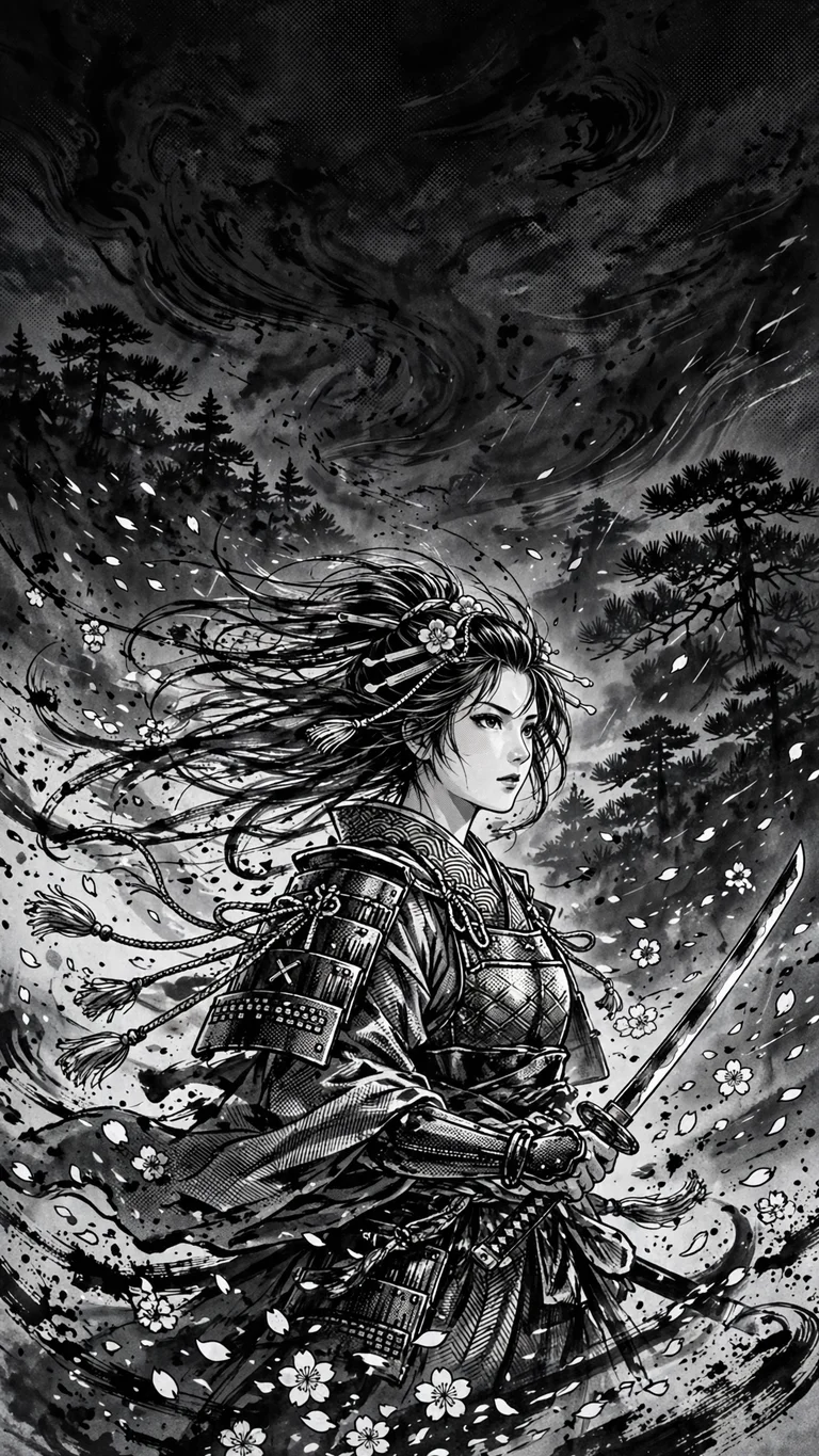 Female warrior with katana in a storm of cherry blossom petals, ink manga wallpaper
