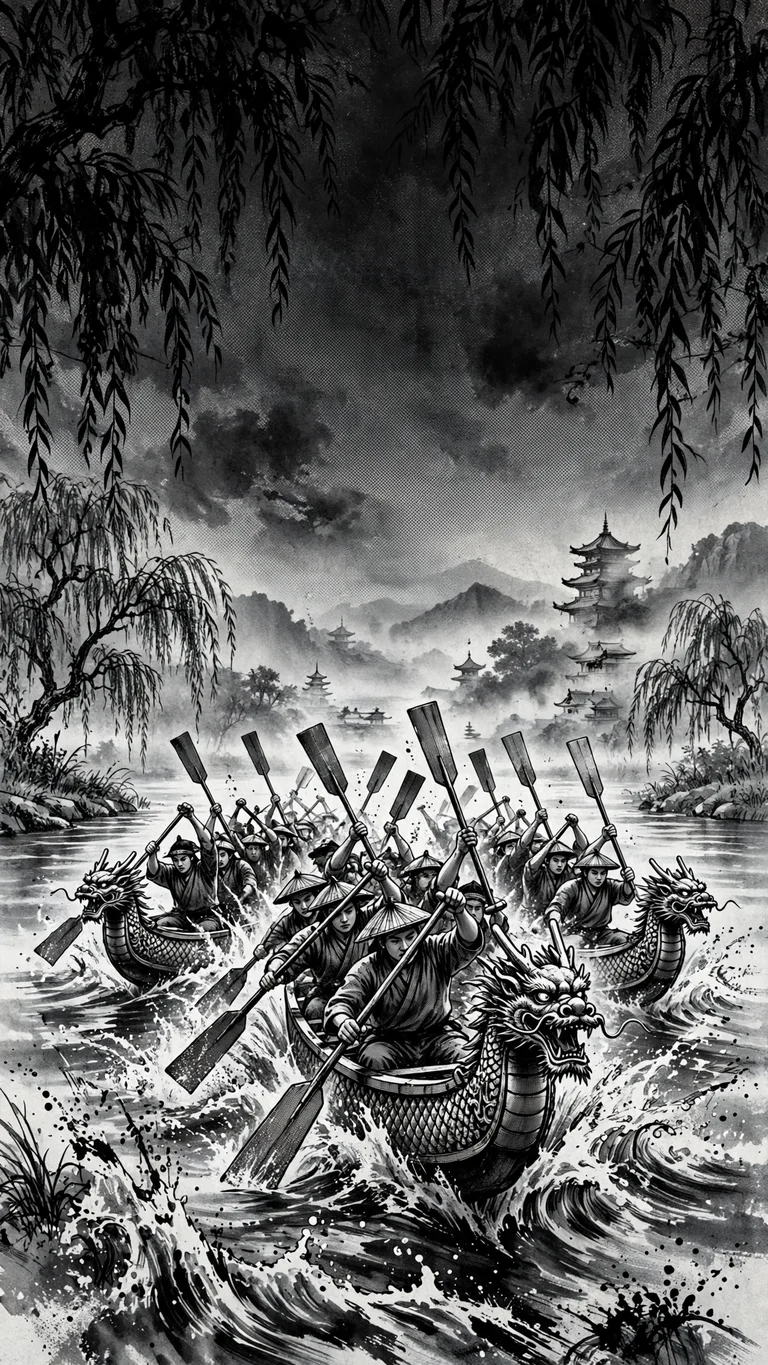 Dragon boats racing on a misty river at dawn with raised paddles, ink manga wallpaper