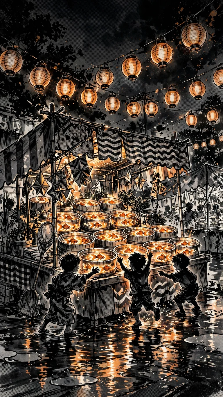 Festival goldfish-scooping stall with glowing goldfish bowls under paper lanterns at night, ink manga wallpaper