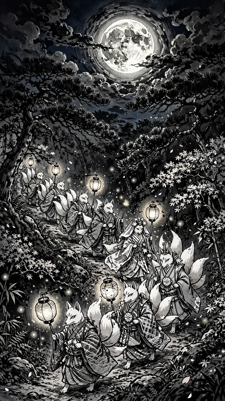 Fox spirits in ceremonial robes carrying glowing lanterns on a forest path under a full moon, ink manga wallpaper