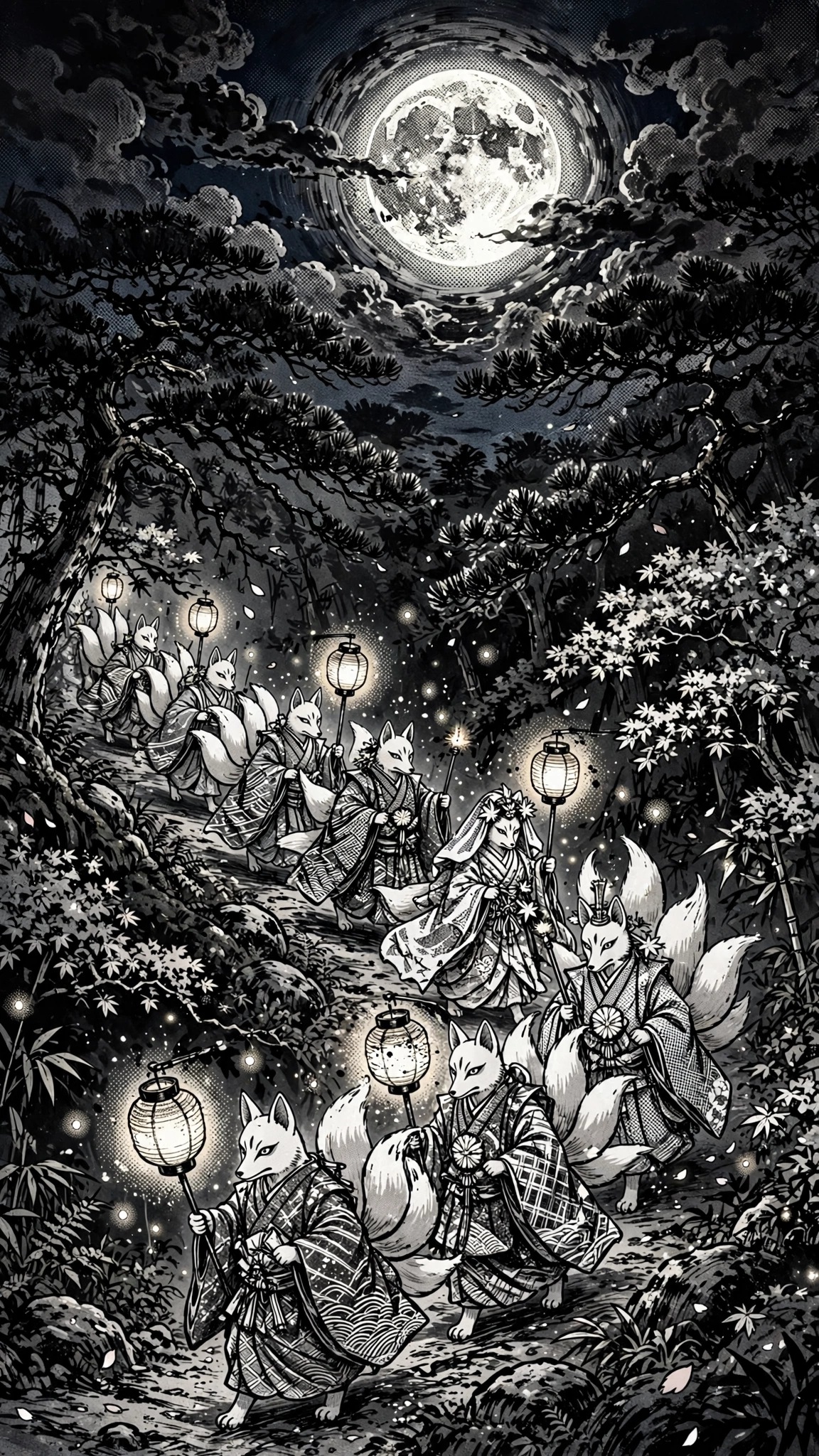 Fox spirits in ceremonial robes carrying glowing lanterns on a forest path under a full moon, ink manga wallpaper