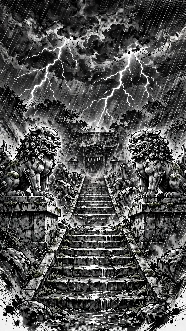 Two stone komainu guardian lions flanking shrine steps in driving rain under lightning, black ink manga wallpaper