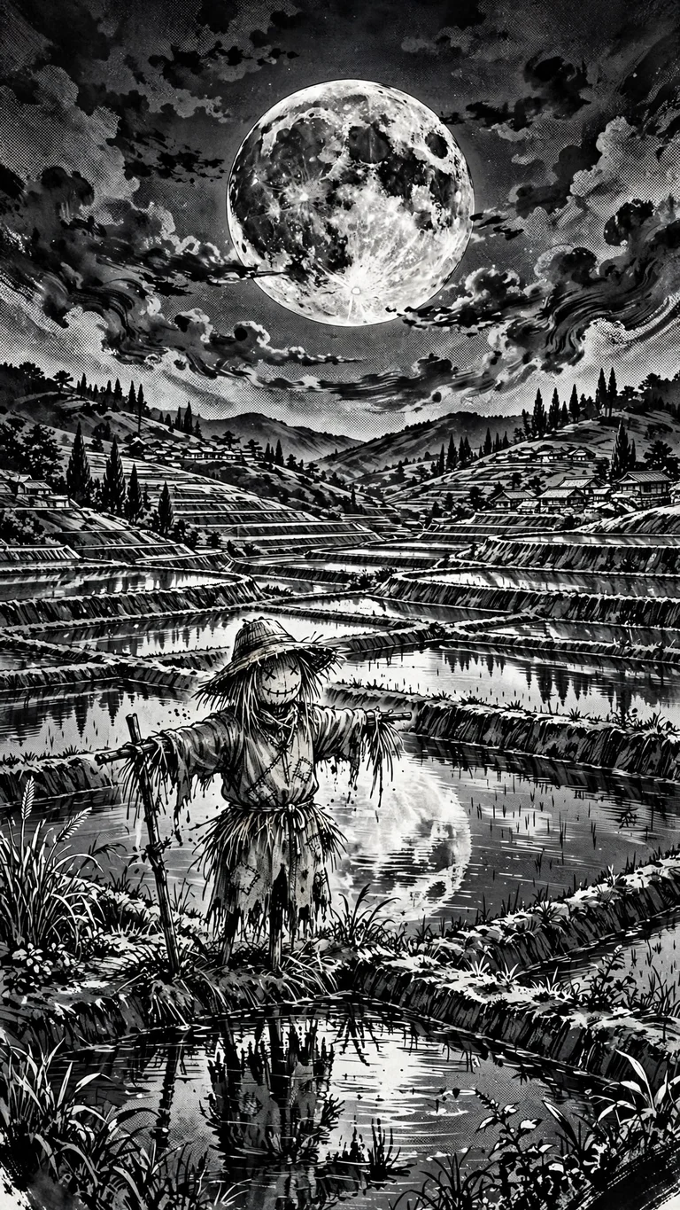Scarecrow among terraced rice paddies reflecting a rising moon, ink manga wallpaper