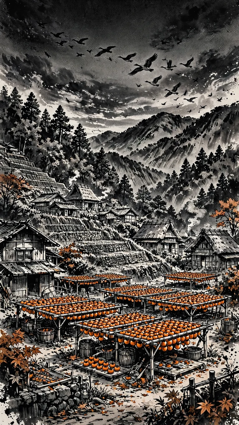 Mountain village at persimmon harvest with drying racks and geese overhead, ink manga wallpaper