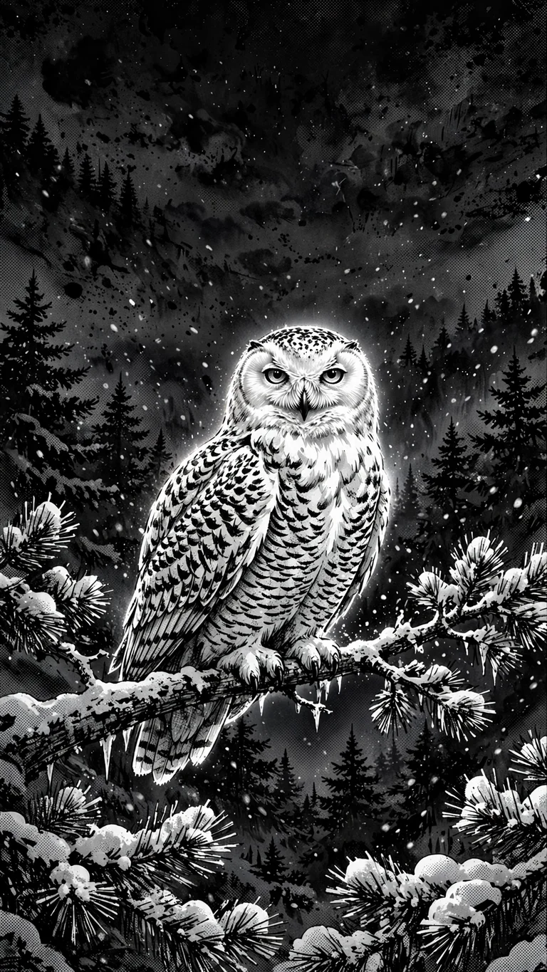 Snowy owl on a snow-laden pine branch in falling snow, ink manga wallpaper