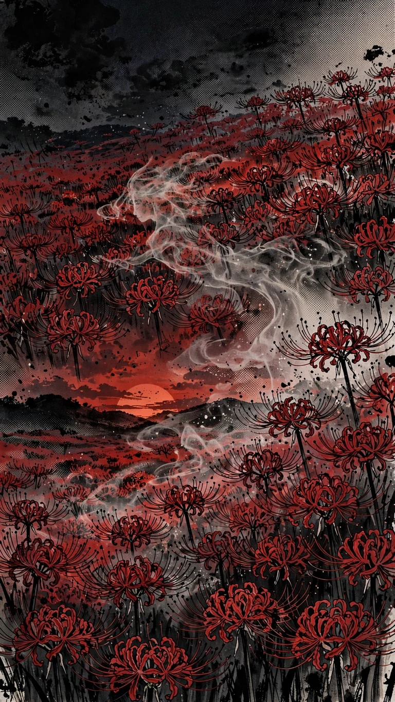 Ghost figure drifting through red spider lily field at dusk, ink manga wallpaper with red accent