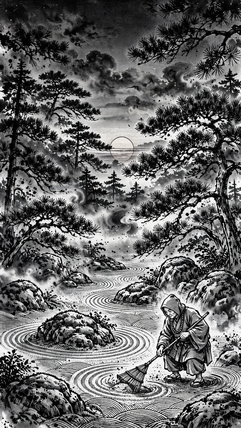Monk raking ripple patterns around mossy rocks in a misty zen garden at dawn, ink manga wallpaper