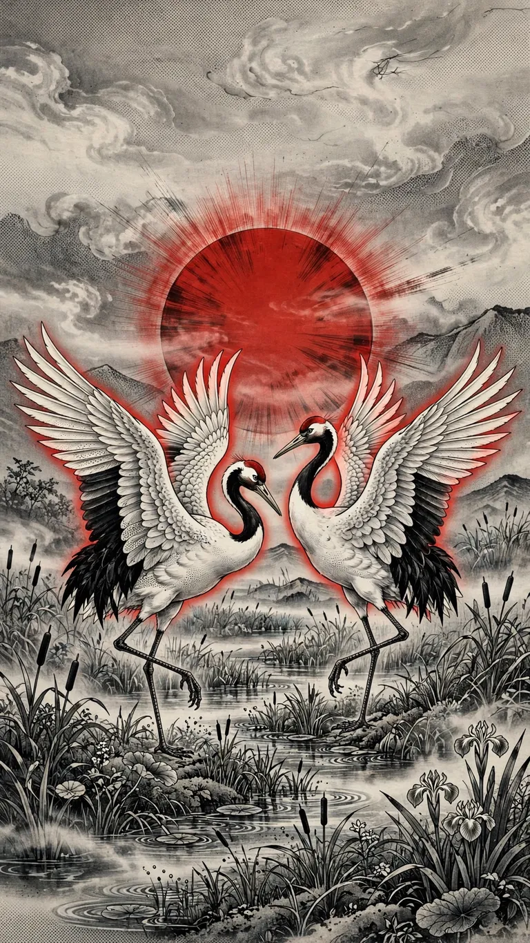Cranes dancing before a huge red sun, manga wallpaper