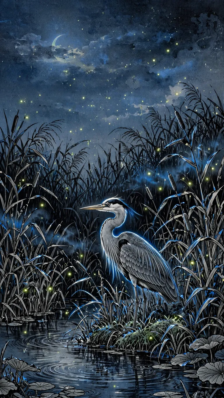 Grey heron among moonlit reeds at a still pond, manga wallpaper