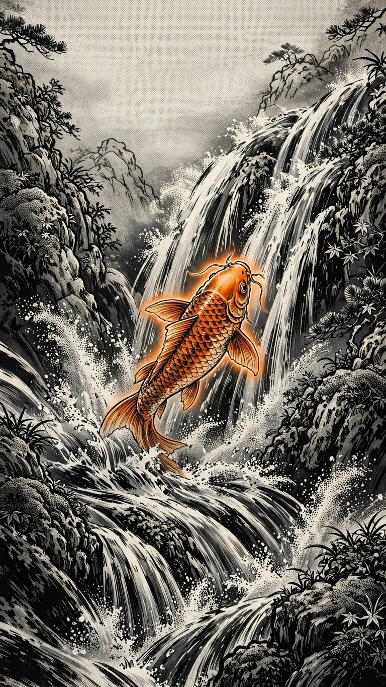 Koi carp leaping up a cascading waterfall, manga wallpaper
