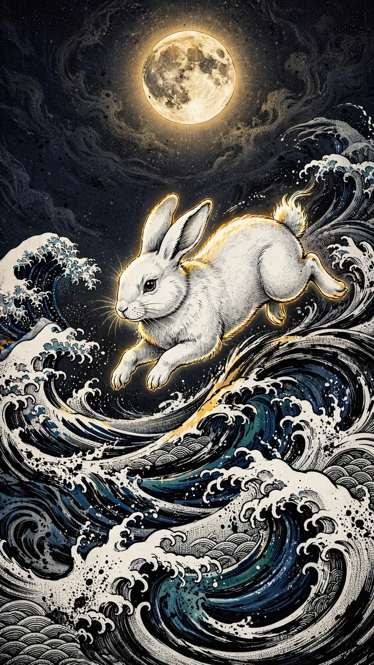 Moon rabbit leaping over ink waves under the full moon, manga wallpaper