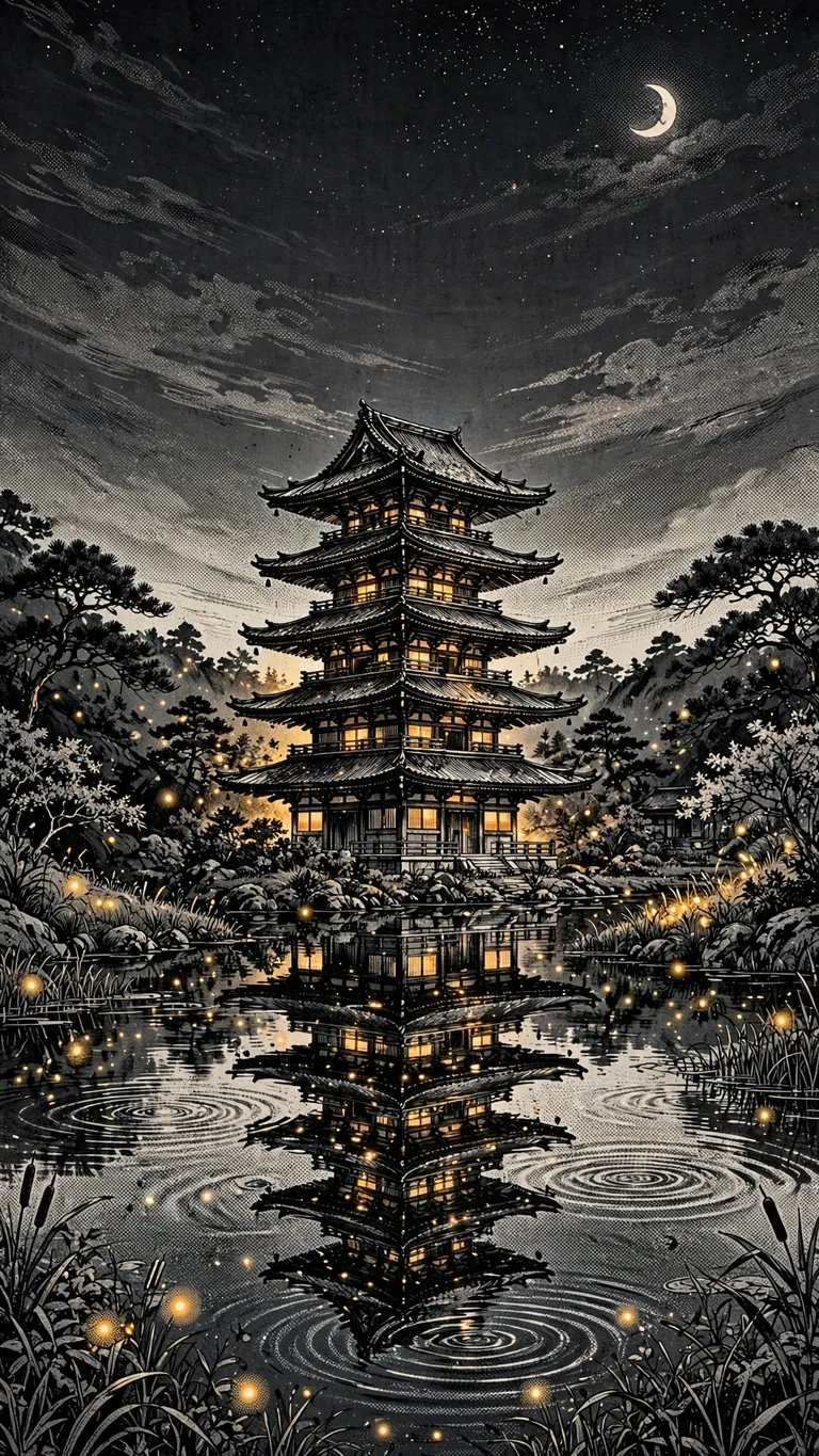 Pagoda reflected in a night pond with fireflies, manga wallpaper