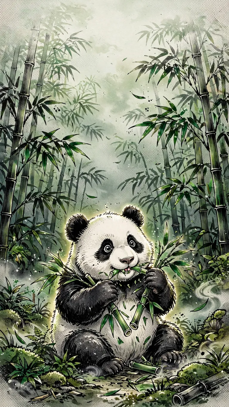 Panda cub munching bamboo in a misty grove, manga wallpaper