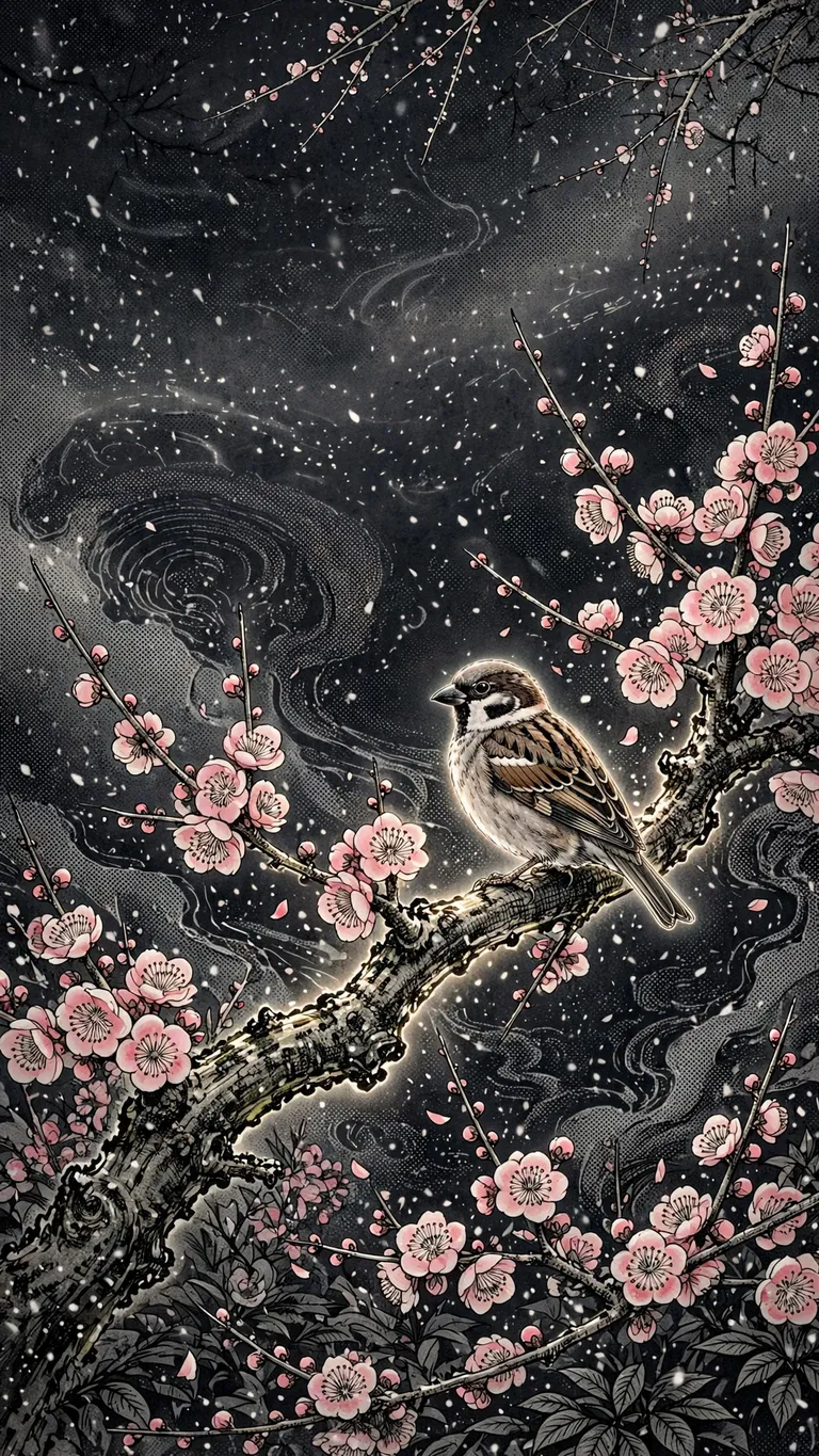 Sparrow on plum blossom branch in falling snow, manga wallpaper