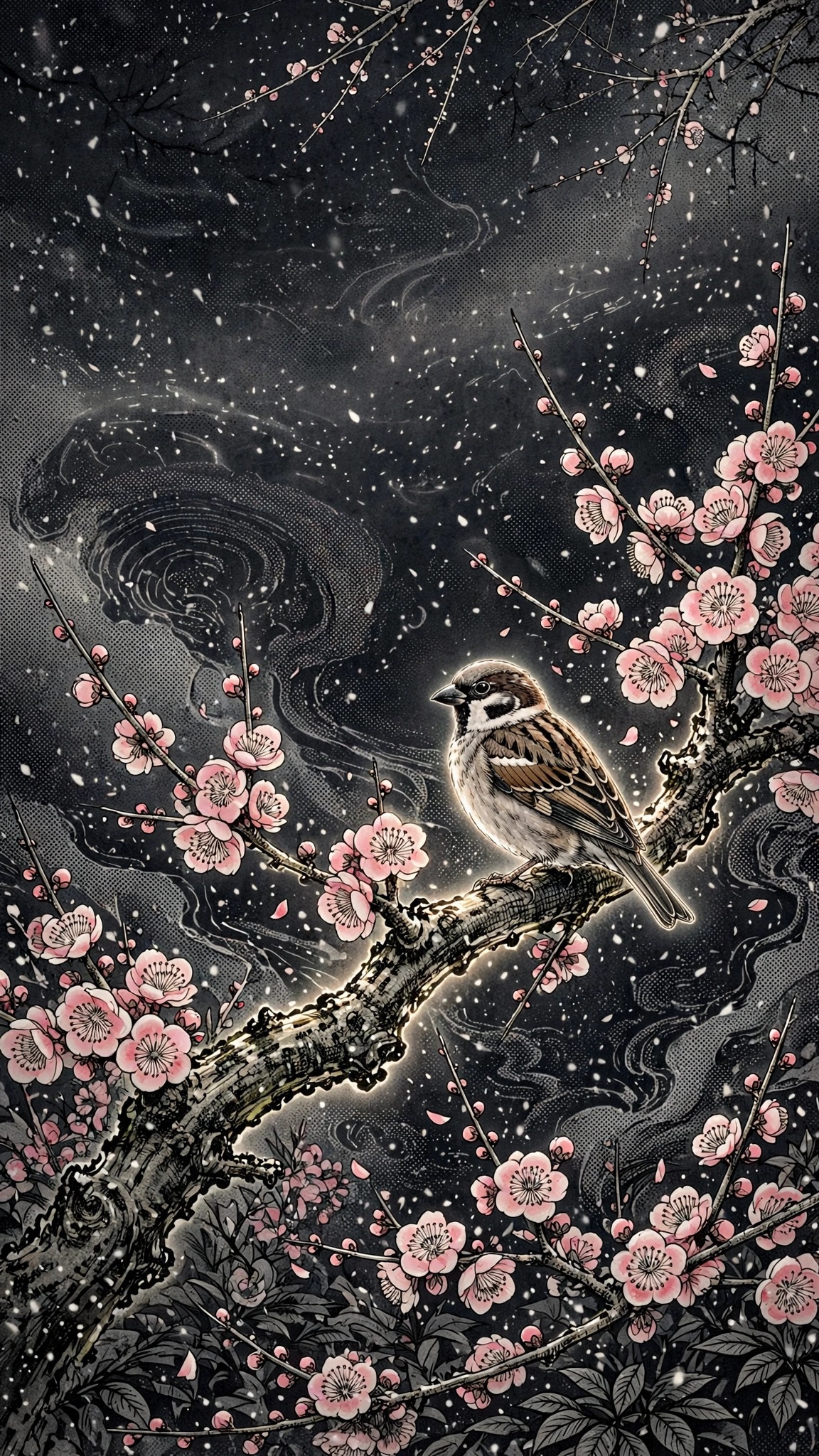Sparrow on plum blossom branch in falling snow, manga wallpaper