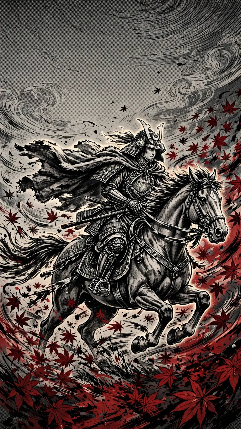 Samurai on horseback in a storm of red maple leaves, manga wallpaper